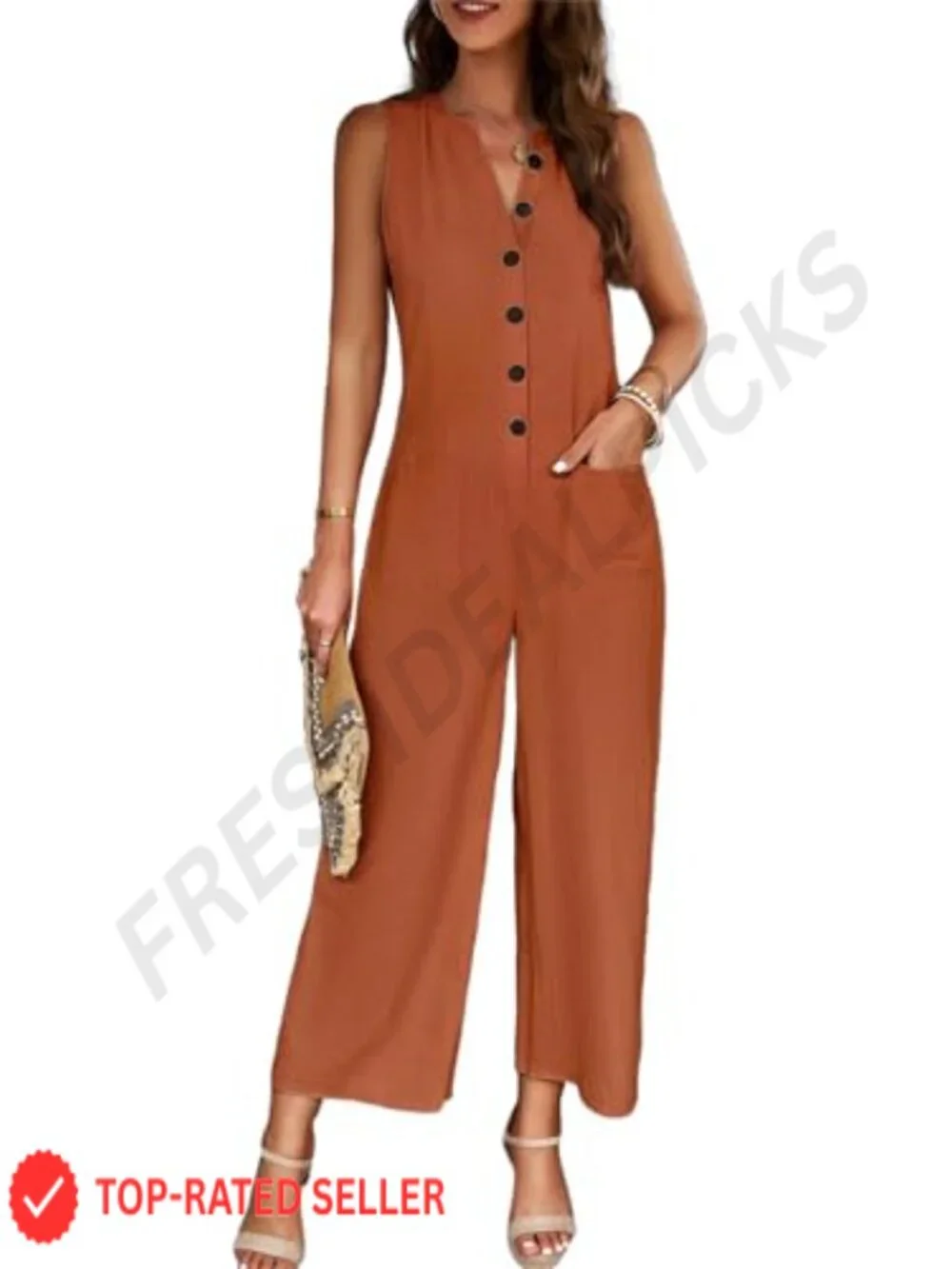 Womens Casual Dressy Jumpsuit Button Down Romper V Neck Sleeveless Wide Leg
